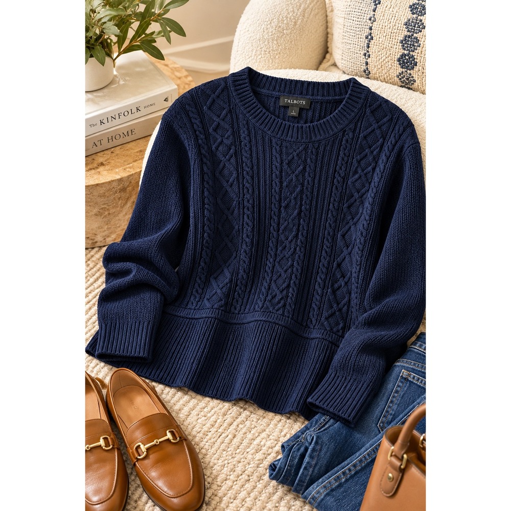 Talbots Navy Blue Cable Knit Crew Neck Pullover Sweater Womens Large